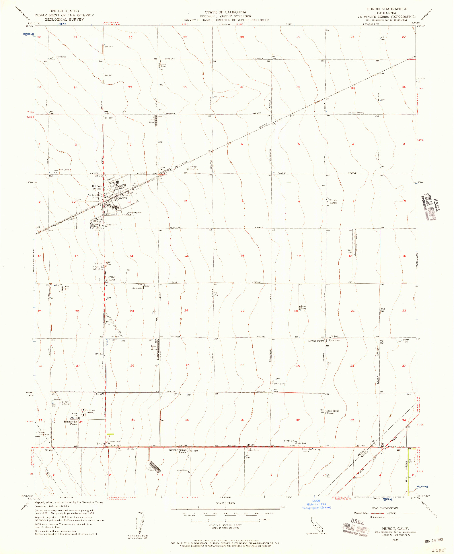 USGS 1:24000-SCALE QUADRANGLE FOR HURON, CA 1956