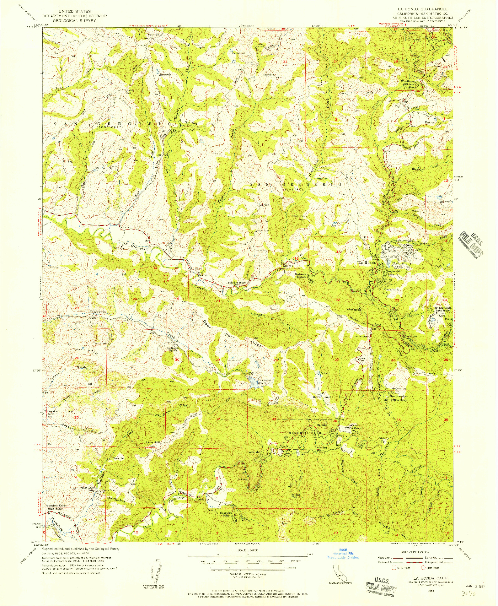 USGS 1:24000-SCALE QUADRANGLE FOR LA HONDA, CA 1955
