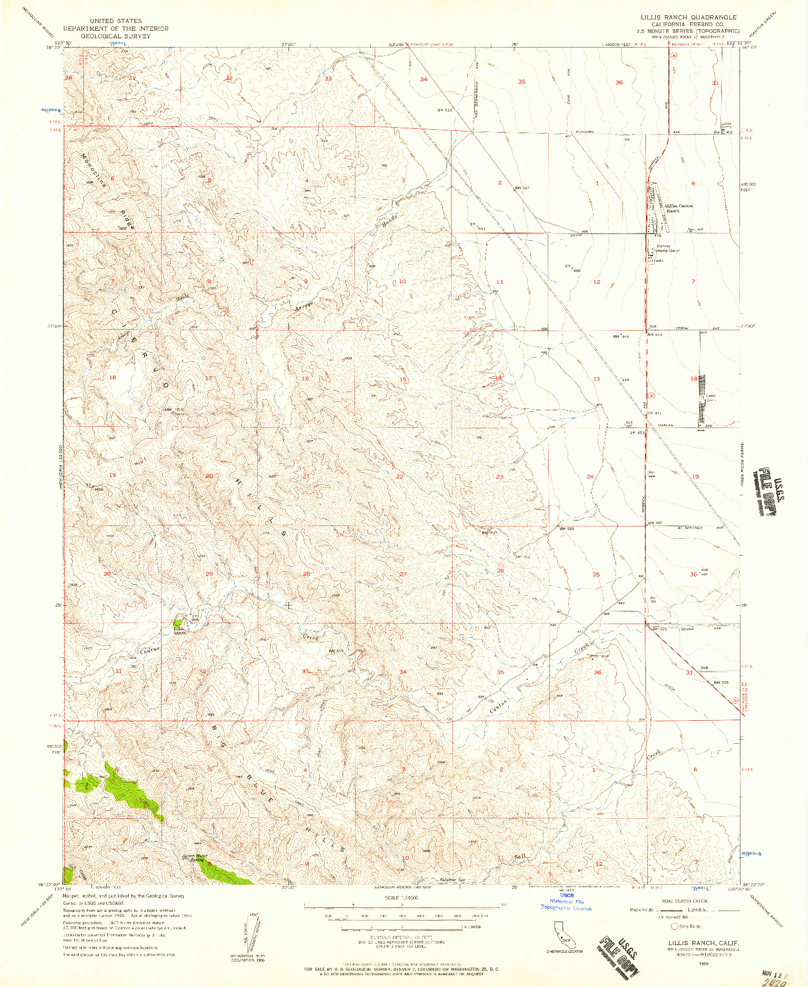 USGS 1:24000-SCALE QUADRANGLE FOR LILLIS RANCH, CA 1956