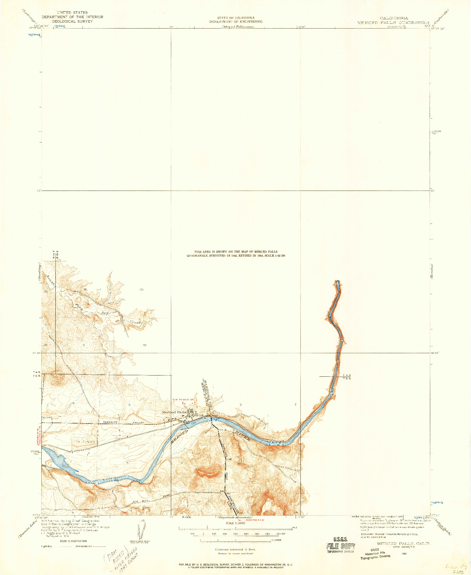 USGS 1:24000-SCALE QUADRANGLE FOR MERCED FALLS, CA 1916