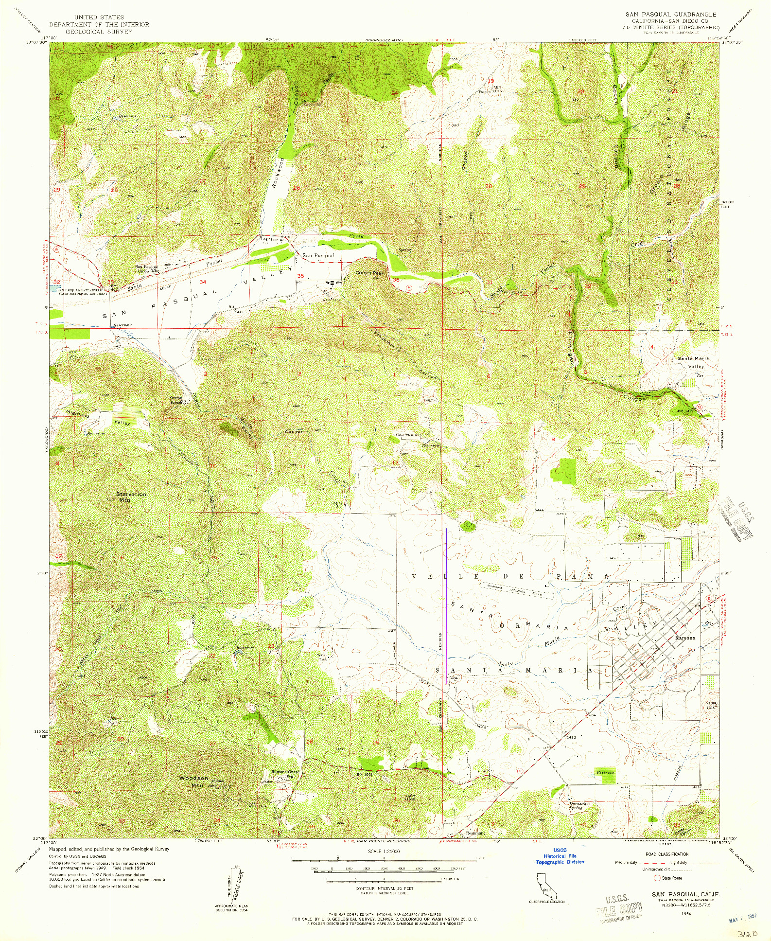 USGS 1:24000-SCALE QUADRANGLE FOR SAN PASQUAL, CA 1954