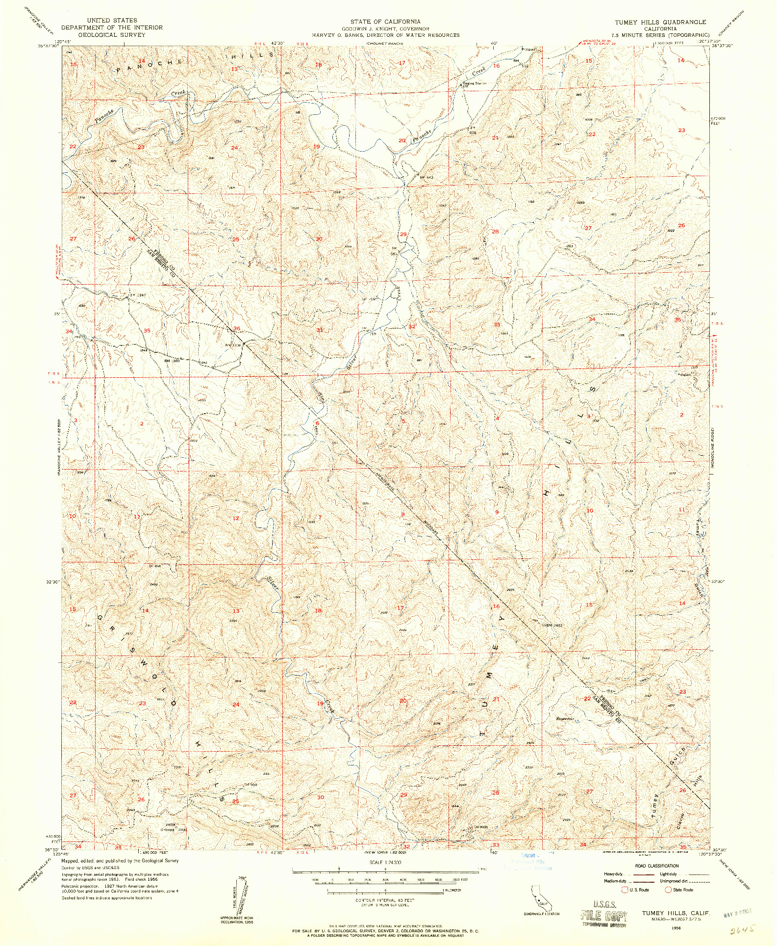 USGS 1:24000-SCALE QUADRANGLE FOR TUMEY HILLS, CA 1956