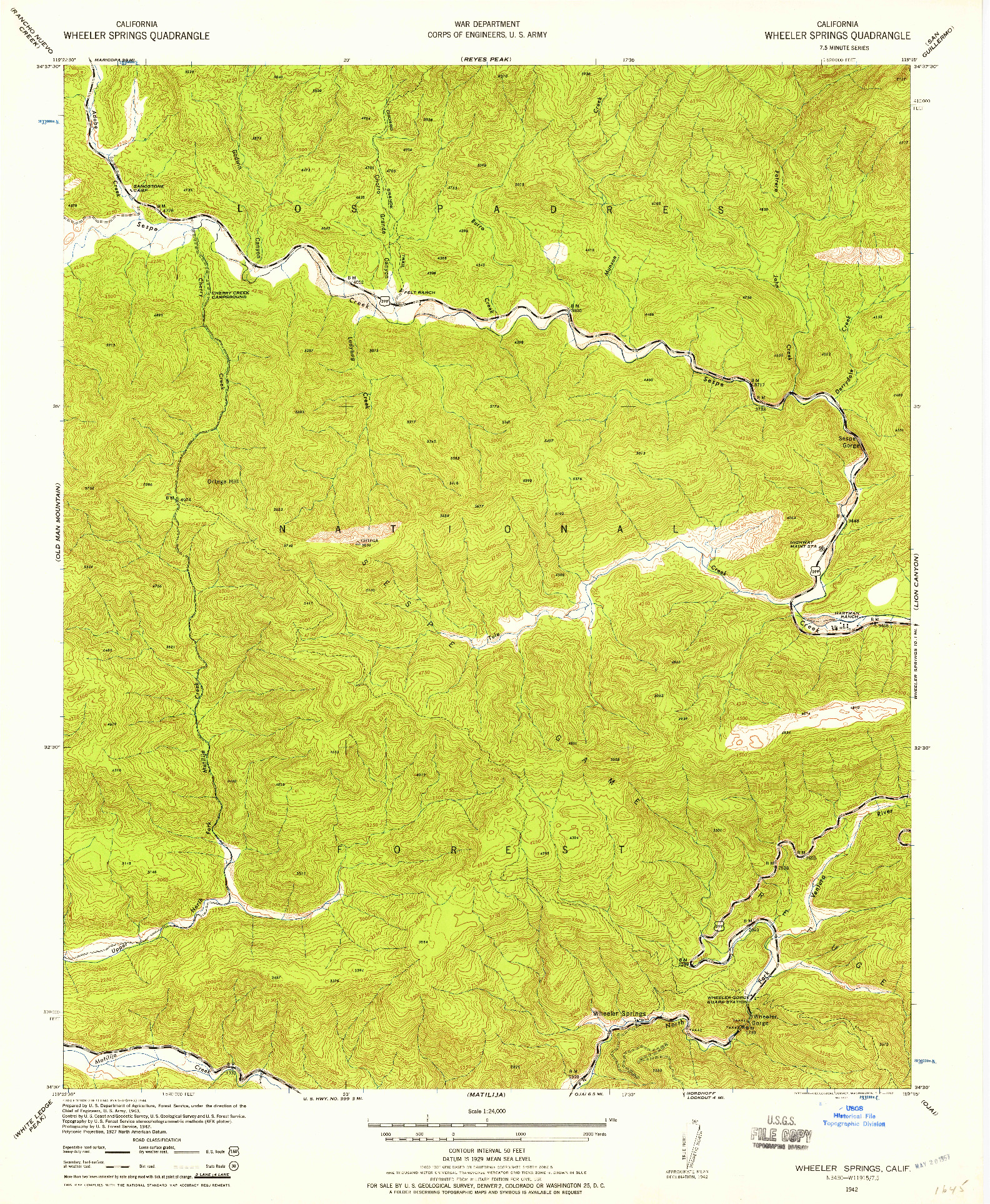 USGS 1:24000-SCALE QUADRANGLE FOR WHEELER SPRINGS, CA 1942