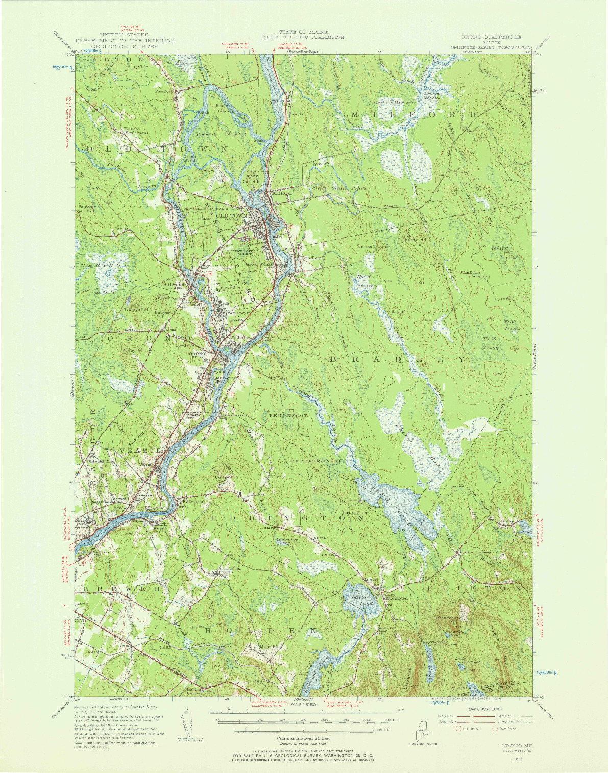 USGS 1:62500-SCALE QUADRANGLE FOR ORONO, ME 1955