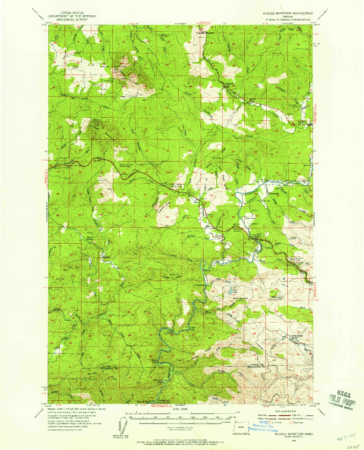 USGS 1:62500-SCALE QUADRANGLE FOR SADDLE MOUNTAIN, OR 1955