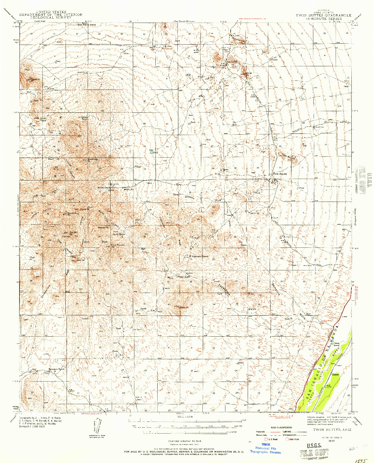USGS 1:62500-SCALE QUADRANGLE FOR TWIN BUTTES, AZ 1939