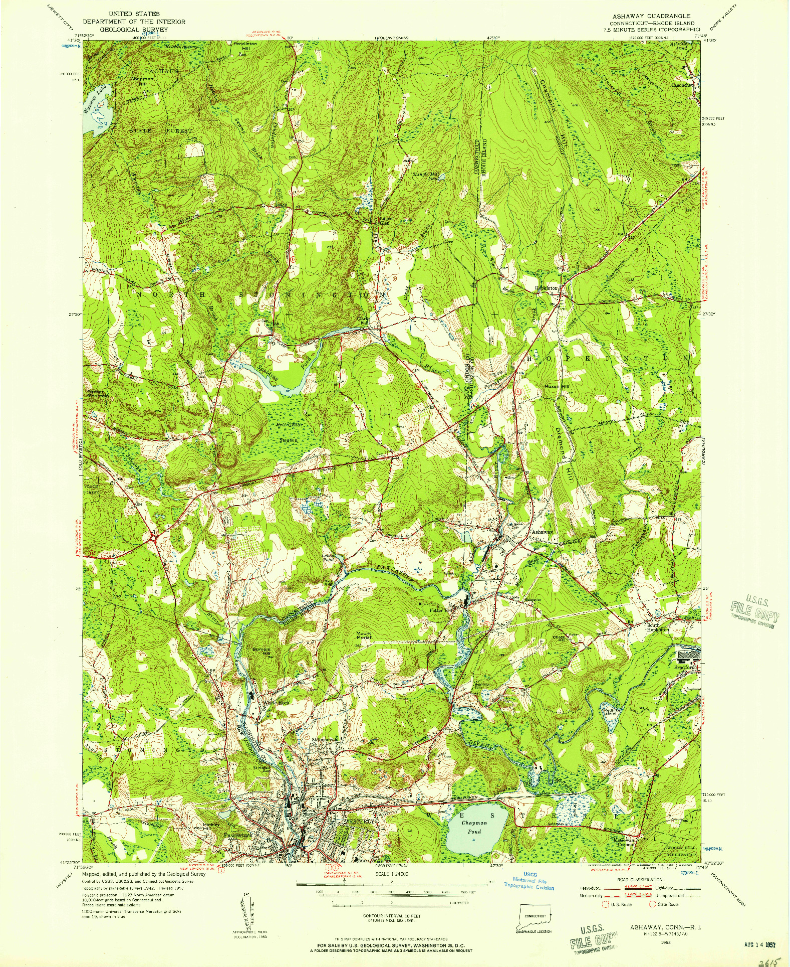 USGS 1:24000-SCALE QUADRANGLE FOR ASHAWAY, CT 1953