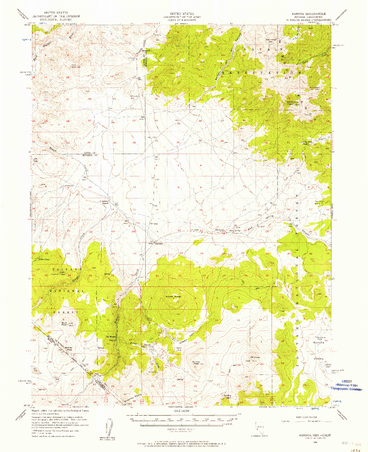 USGS 1:62500-SCALE QUADRANGLE FOR AURORA, NV 1956