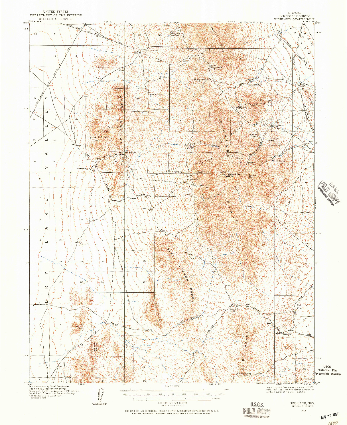 USGS 1:62500-SCALE QUADRANGLE FOR HIGHLAND, NV 1916