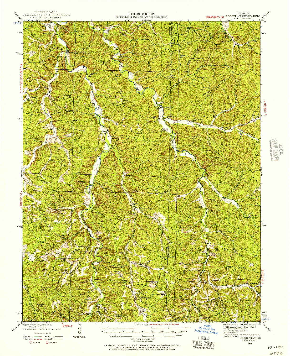 USGS 1:62500-SCALE QUADRANGLE FOR BERRYMAN, MO 1943