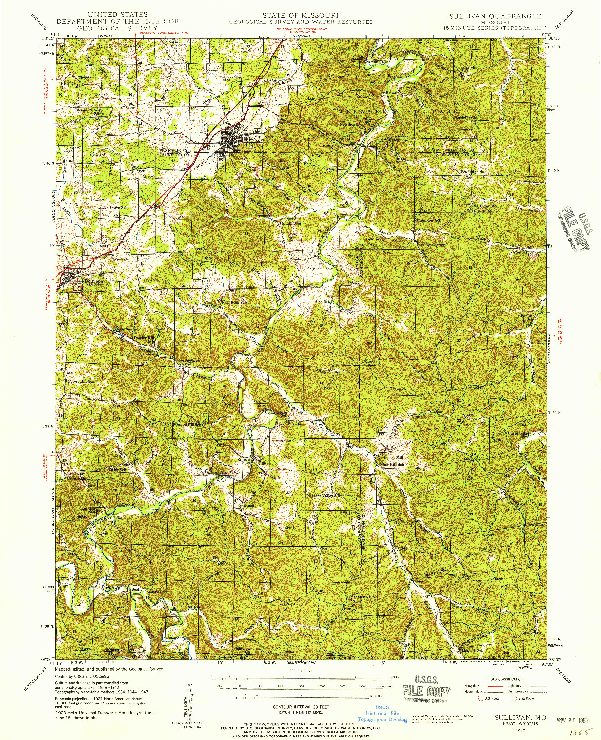 USGS 1:62500-SCALE QUADRANGLE FOR SULLIVAN, MO 1947