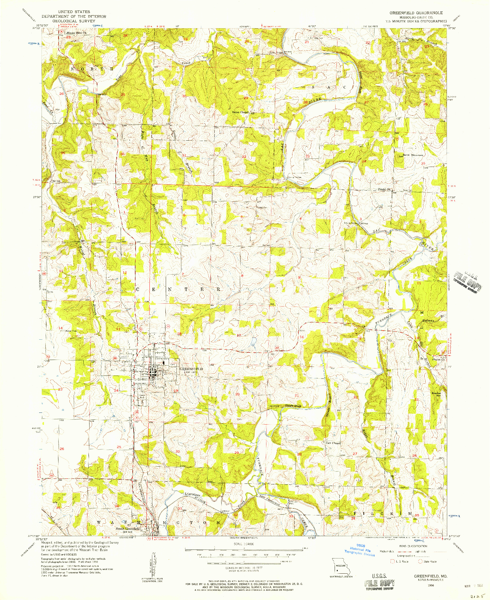 USGS 1:24000-SCALE QUADRANGLE FOR GREENFIELD, MO 1956