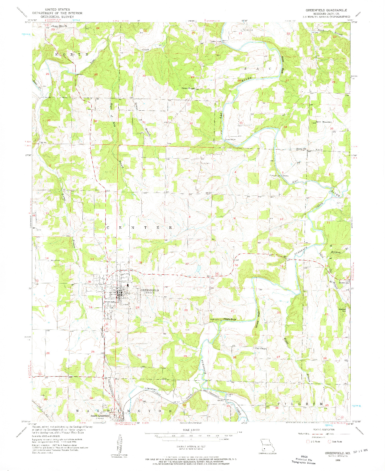 USGS 1:24000-SCALE QUADRANGLE FOR GREENFIELD, MO 1956