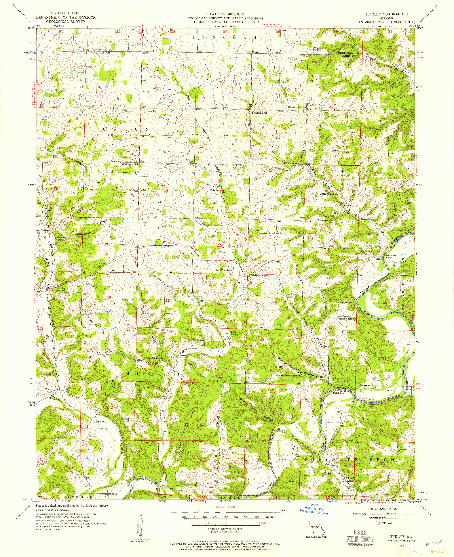 USGS 1:24000-SCALE QUADRANGLE FOR HURLEY, MO 1955