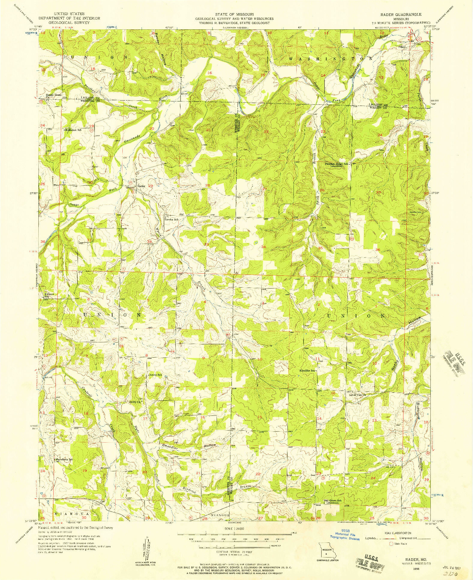 USGS 1:24000-SCALE QUADRANGLE FOR RADER, MO 1956