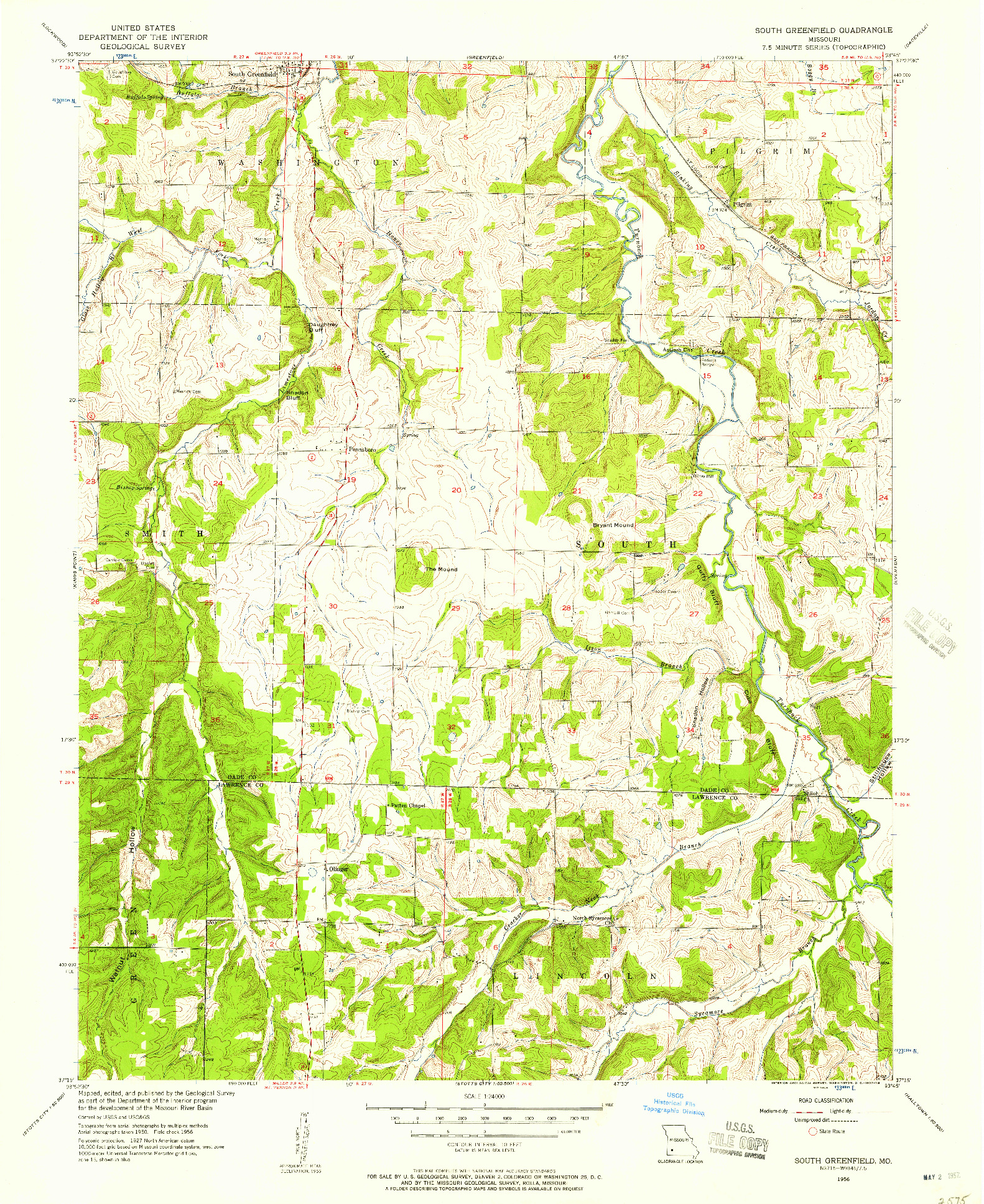 USGS 1:24000-SCALE QUADRANGLE FOR SOUTH GREENFIELD, MO 1956
