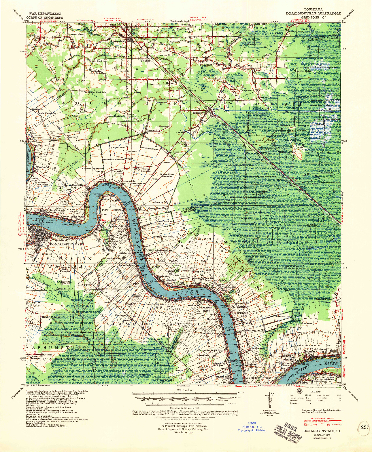 USGS 1:62500-SCALE QUADRANGLE FOR DONALDSONVILLE, LA 1939