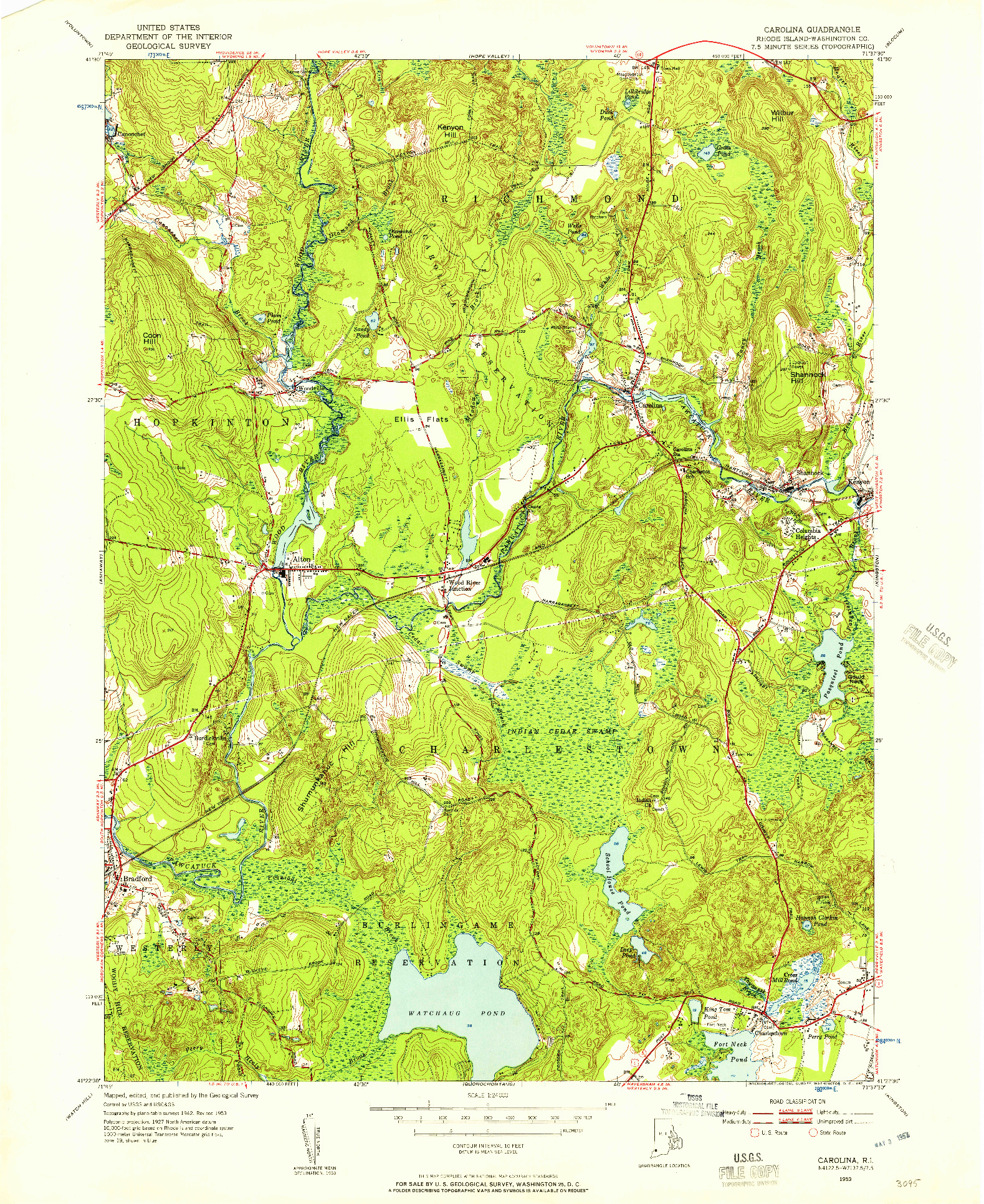 USGS 1:24000-SCALE QUADRANGLE FOR CAROLINA, RI 1953