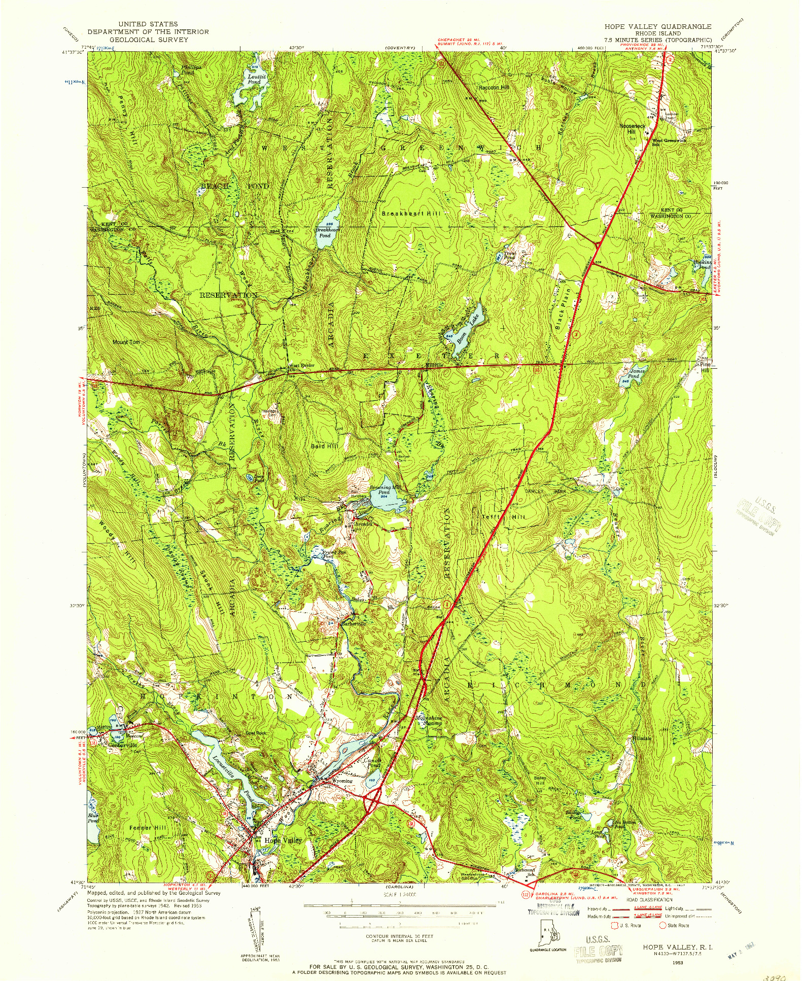 USGS 1:24000-SCALE QUADRANGLE FOR HOPE VALLEY, RI 1953