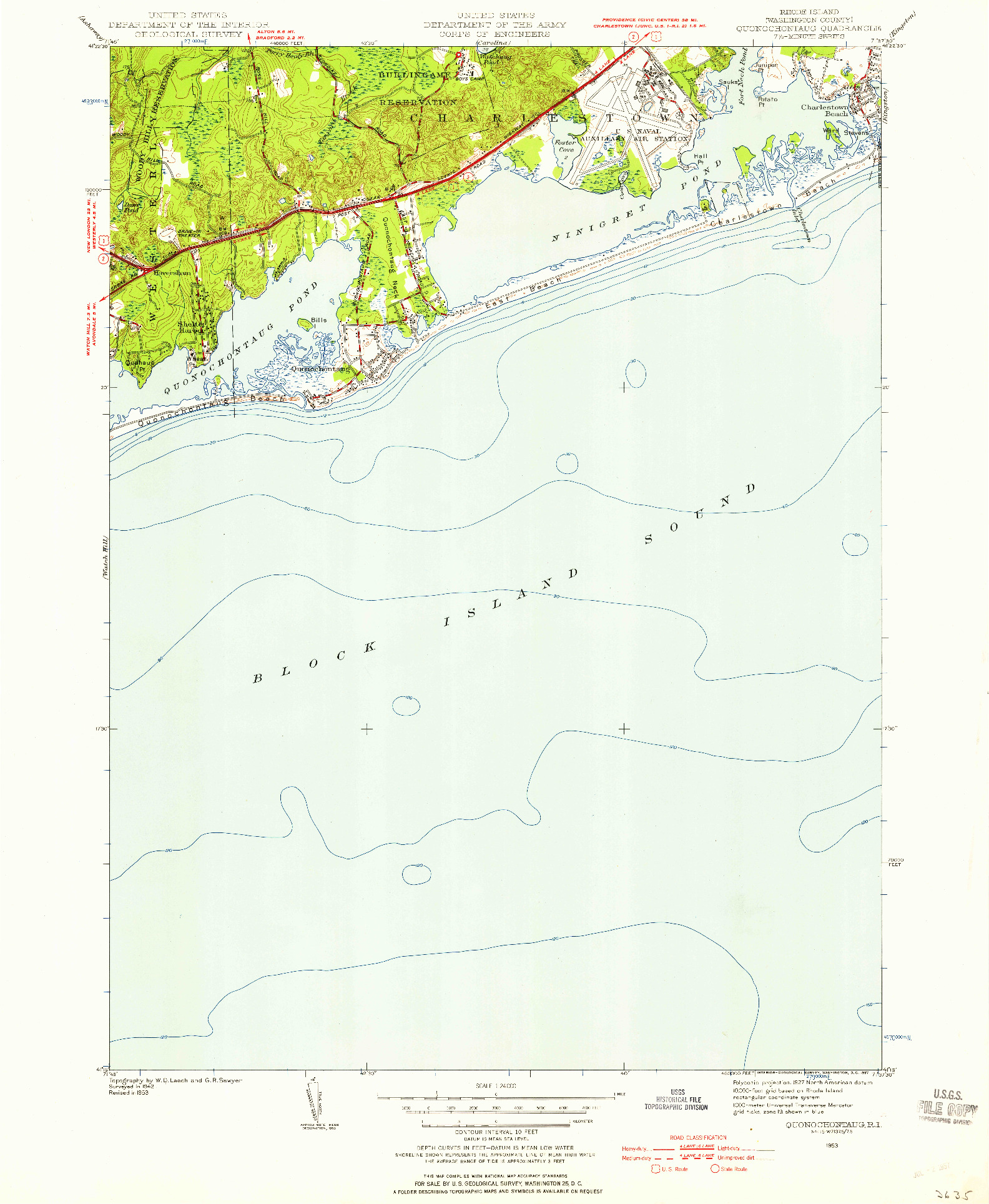 USGS 1:24000-SCALE QUADRANGLE FOR QUONOCHONTAUG, RI 1953