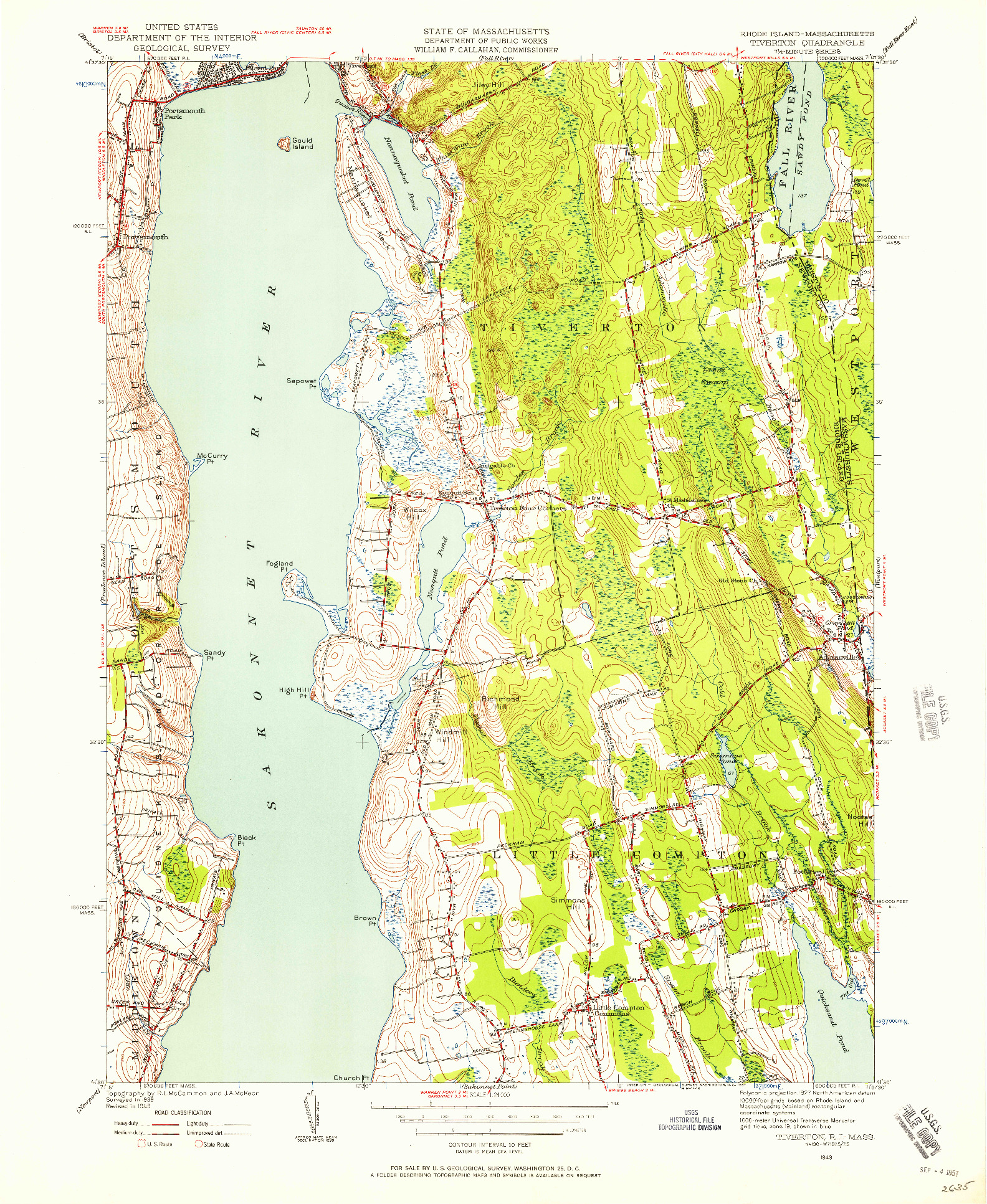 USGS 1:24000-SCALE QUADRANGLE FOR TIVERTON, RI 1949