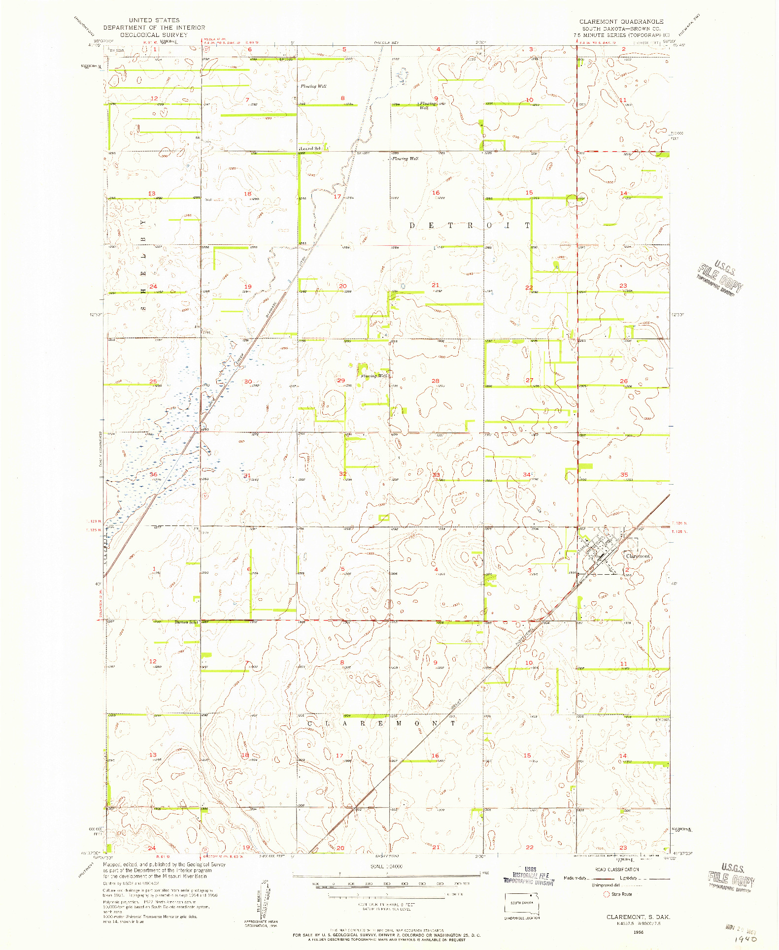 USGS 1:24000-SCALE QUADRANGLE FOR CLAREMONT, SD 1956