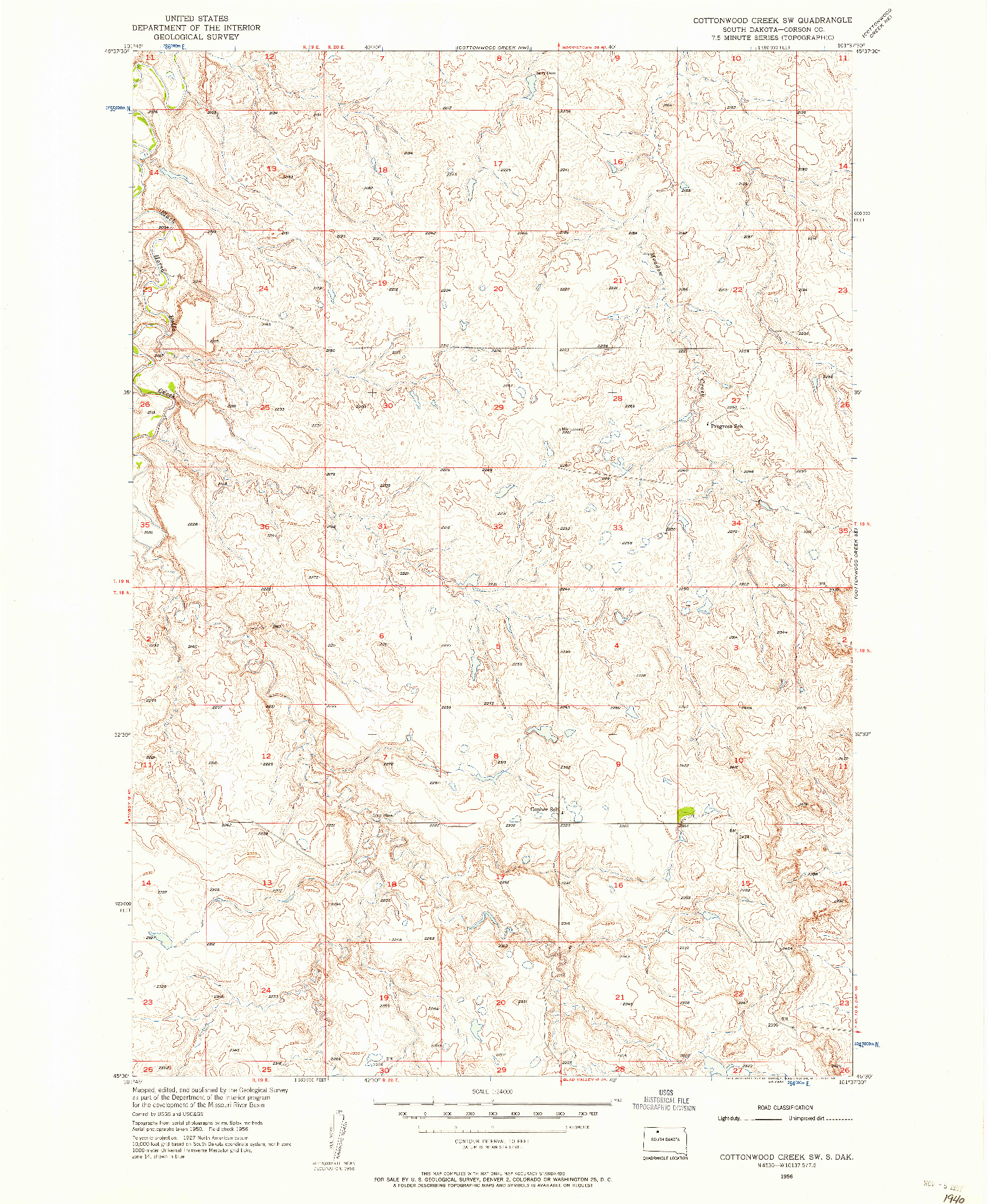 USGS 1:24000-SCALE QUADRANGLE FOR COTTONWOOD CREEK SW, SD 1956