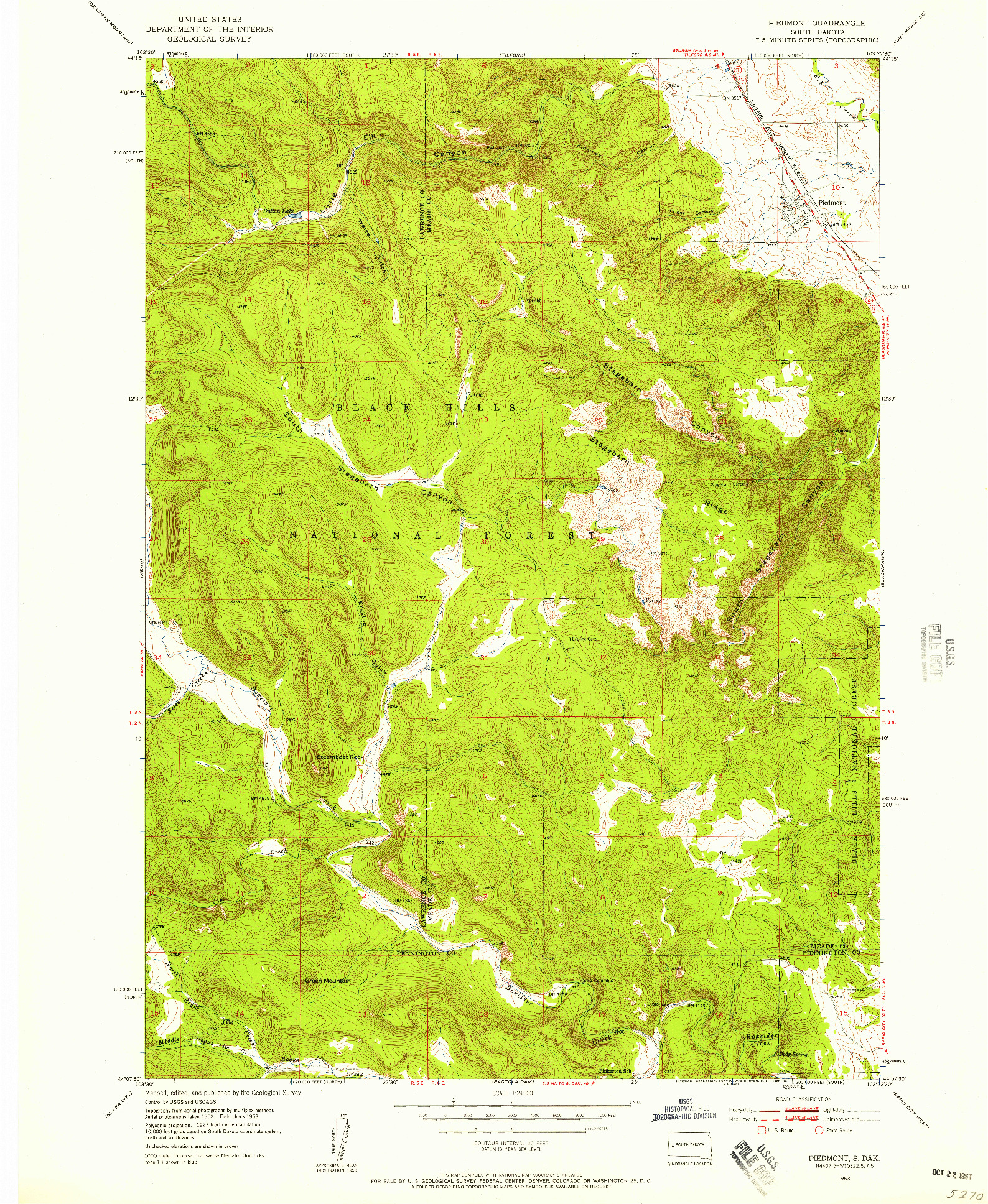 USGS 1:24000-SCALE QUADRANGLE FOR PIEDMONT, SD 1953