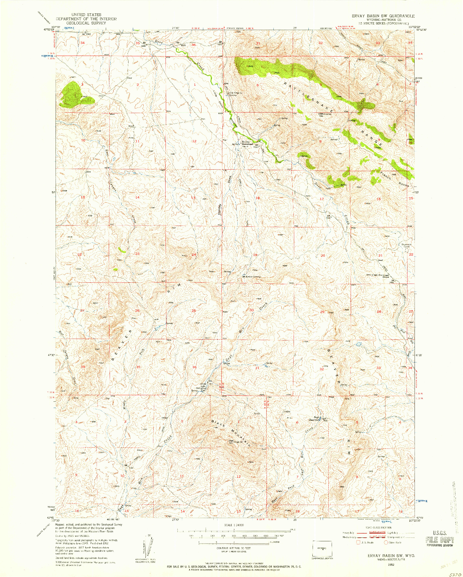 USGS 1:24000-SCALE QUADRANGLE FOR ERVAY BASIN SW, WY 1952