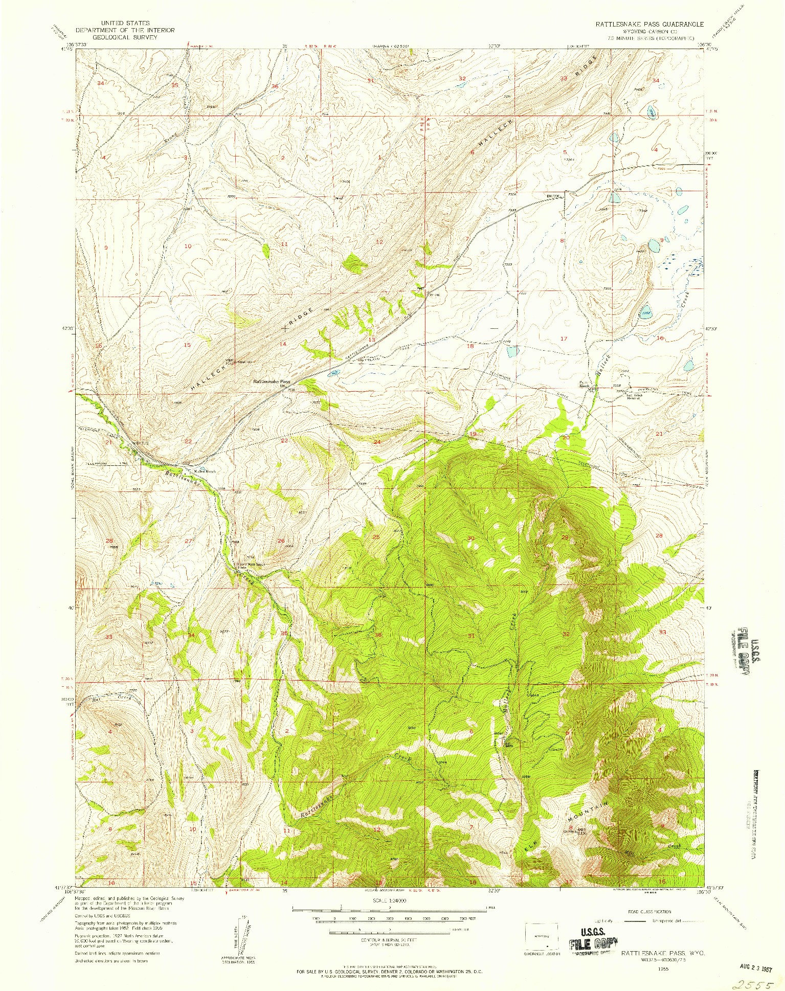 USGS 1:24000-SCALE QUADRANGLE FOR RATTLESNAKE PASS, WY 1955