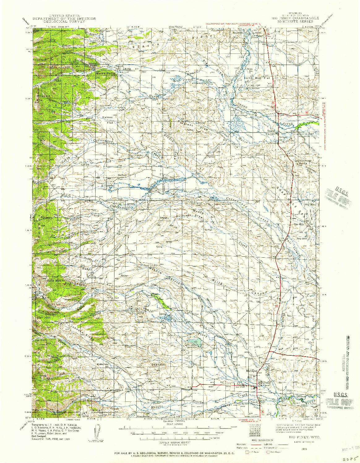 USGS 1:125000-SCALE QUADRANGLE FOR BIG PINEY, WY 1939