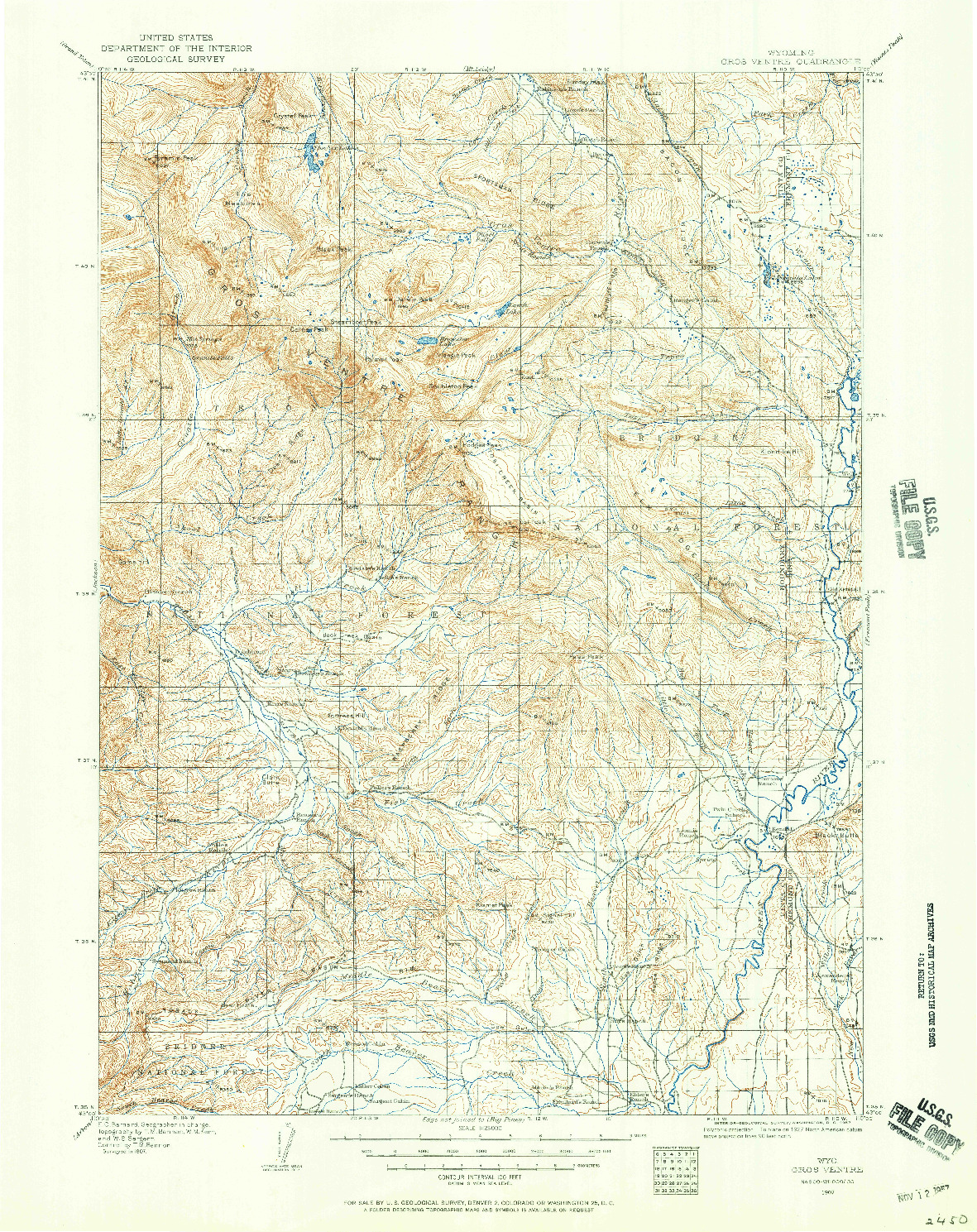 USGS 1:125000-SCALE QUADRANGLE FOR GROS VENTRE, WY 1907