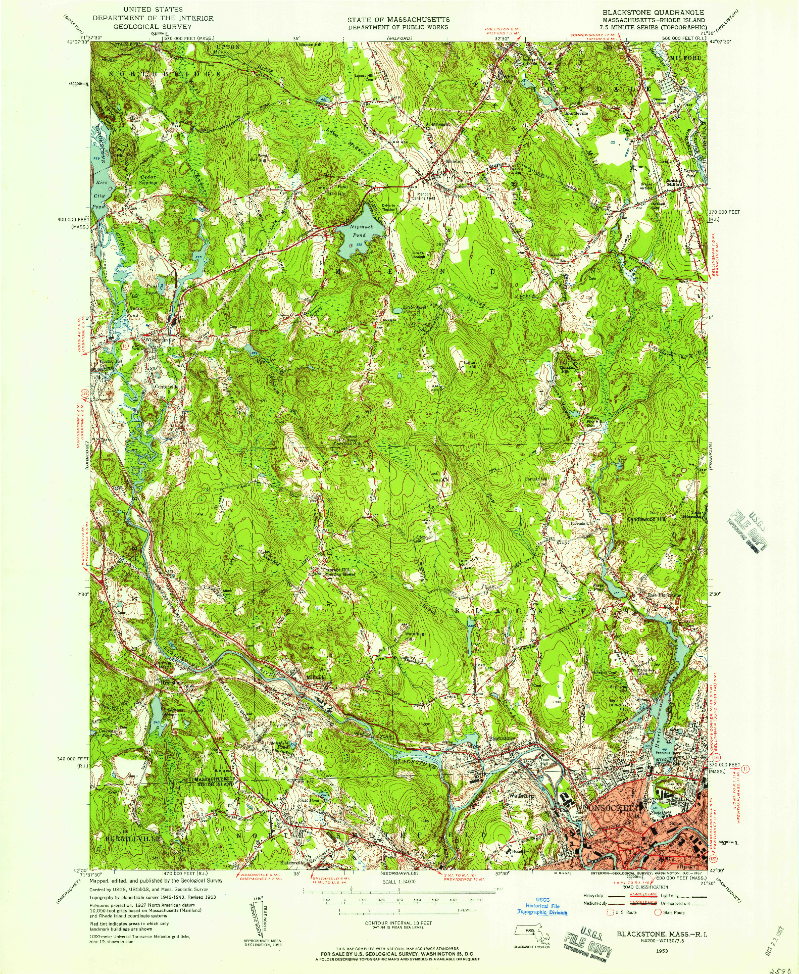 USGS 1:24000-SCALE QUADRANGLE FOR BLACKSTONE, MA 1953