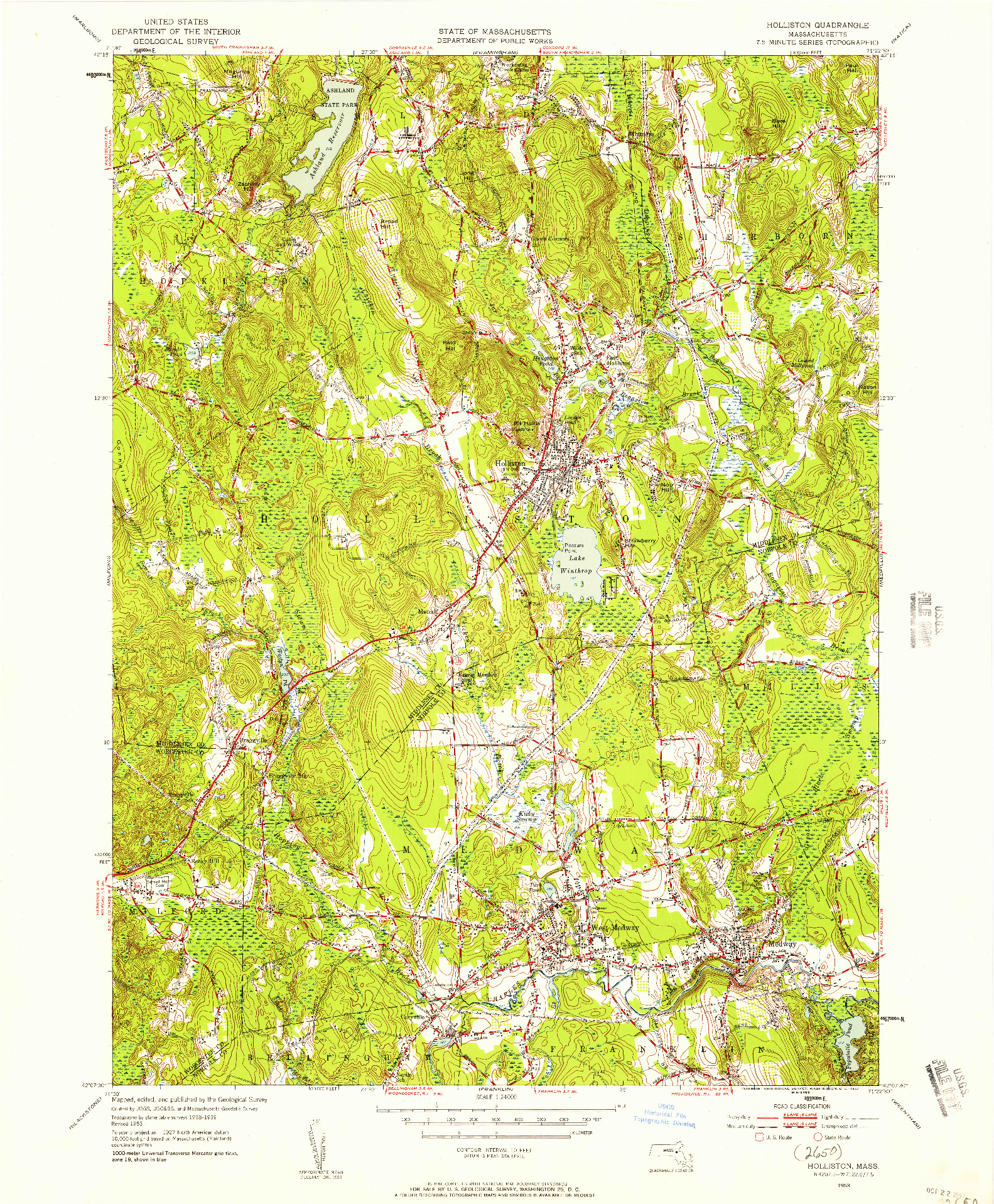 USGS 1:24000-SCALE QUADRANGLE FOR HOLLISTON, MA 1953