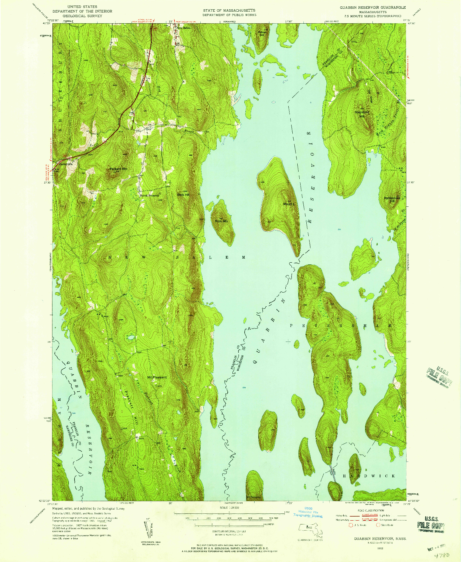 USGS 1:24000-SCALE QUADRANGLE FOR QUABBIN RESERVOIR, MA 1952