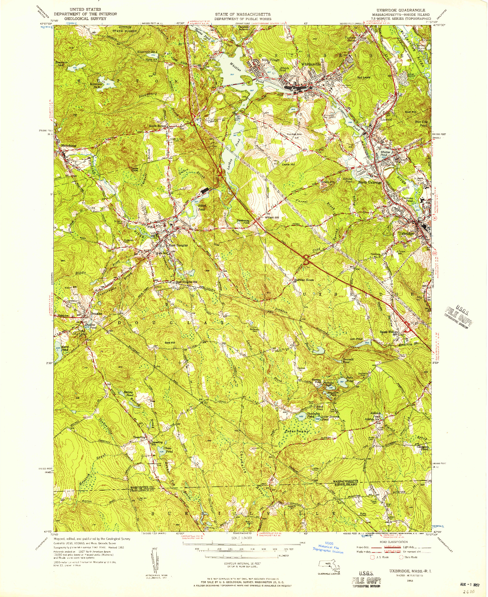 USGS 1:24000-SCALE QUADRANGLE FOR UXBRIDGE, MA 1953