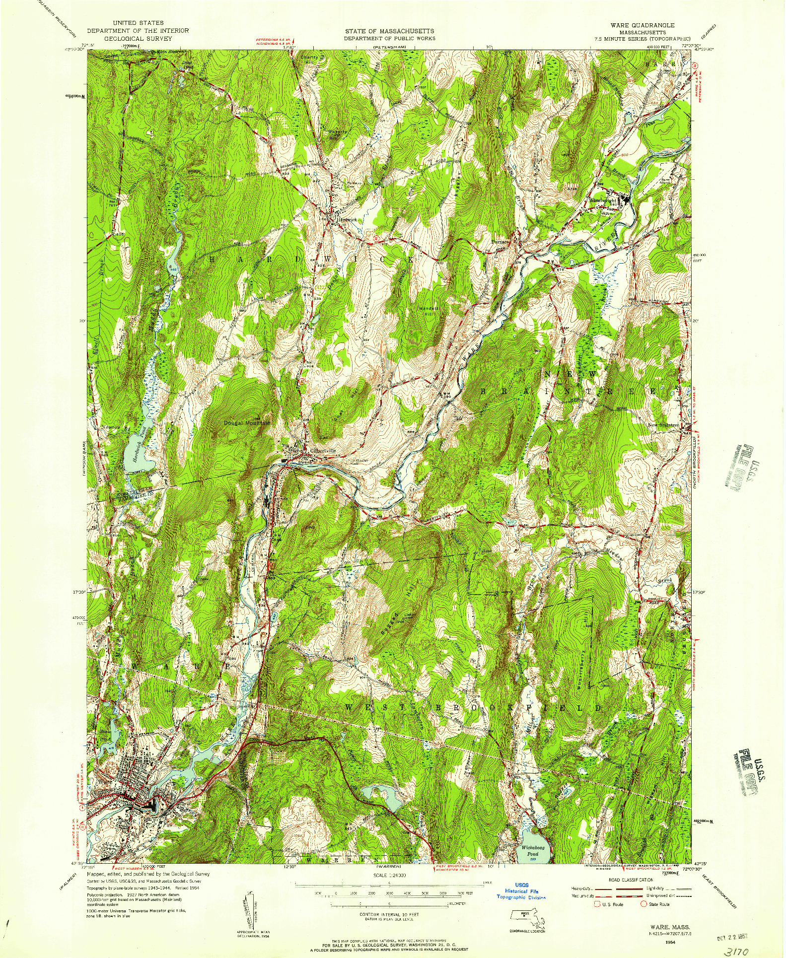 USGS 1:24000-SCALE QUADRANGLE FOR WARE, MA 1954