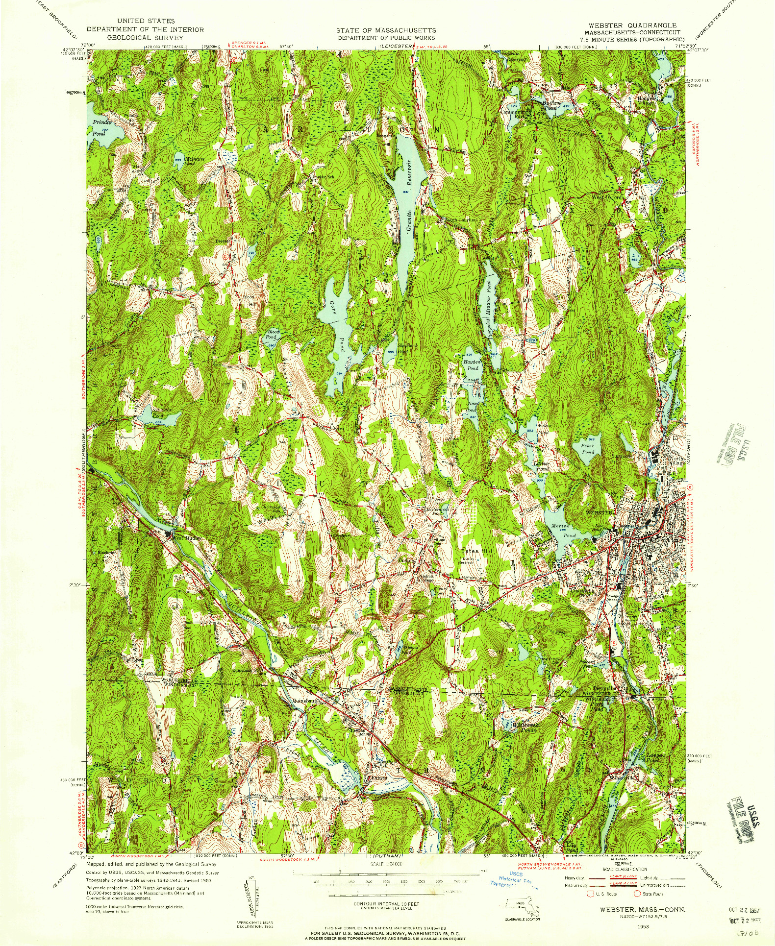 USGS 1:24000-SCALE QUADRANGLE FOR WEBSTER, MA 1953