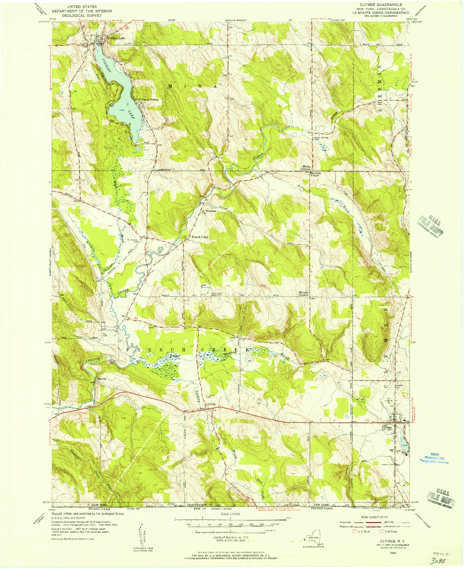 USGS 1:24000-SCALE QUADRANGLE FOR CLYMER, NY 1954