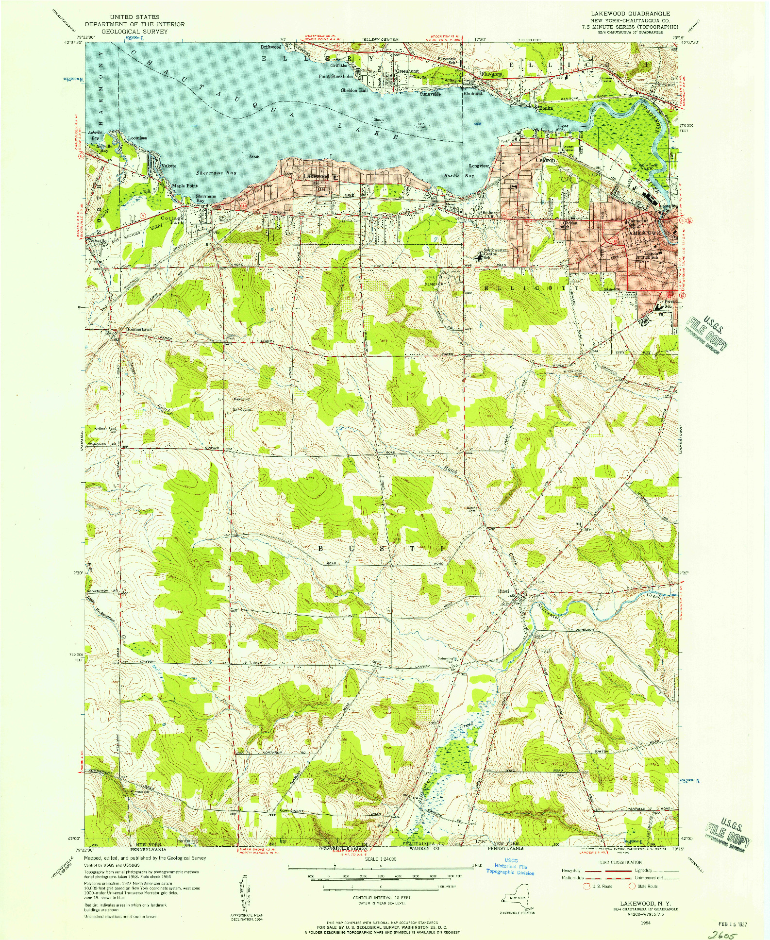 USGS 1:24000-SCALE QUADRANGLE FOR LAKEWOOD, NY 1954