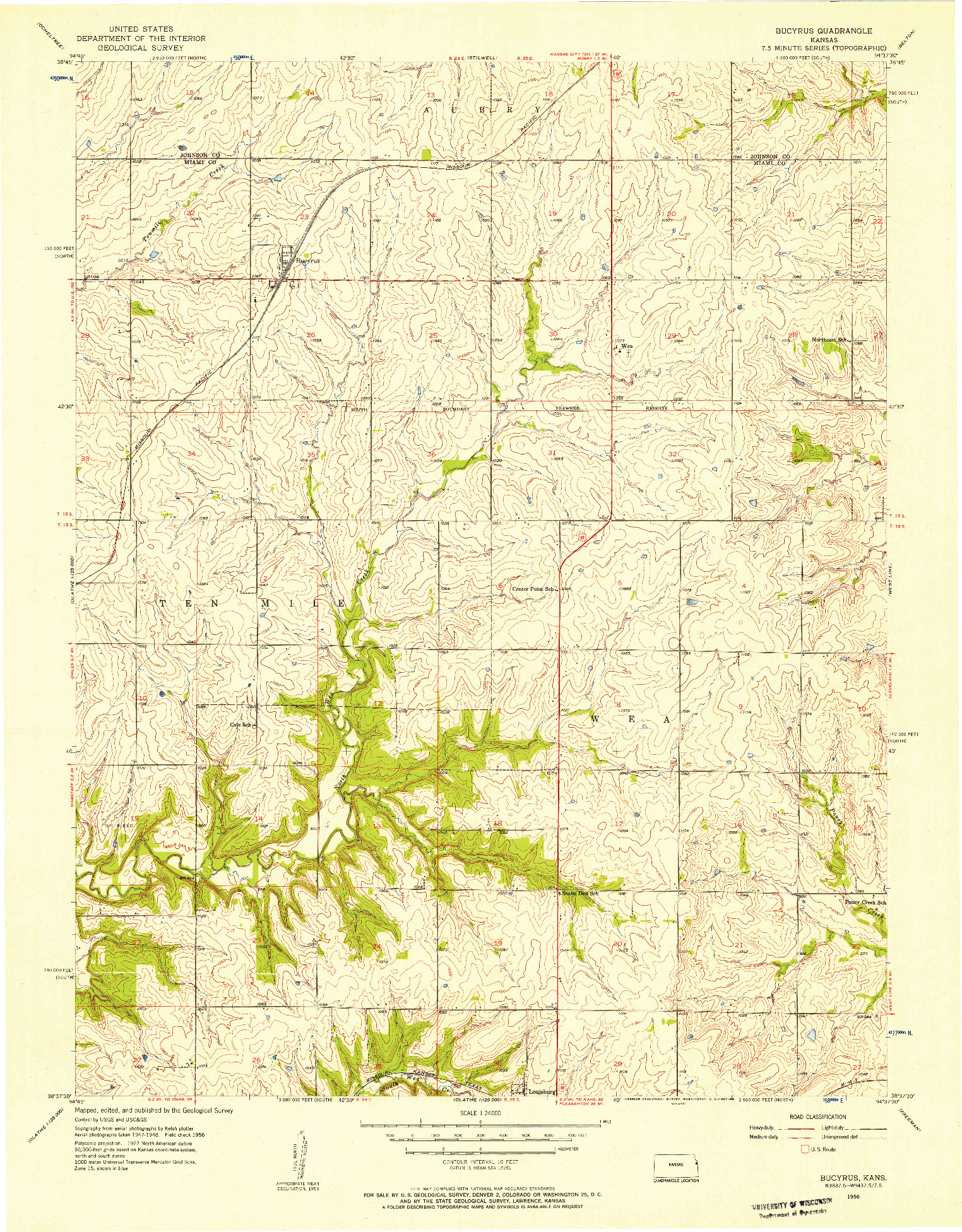 USGS 1:24000-SCALE QUADRANGLE FOR BUCYRUS, KS 1956