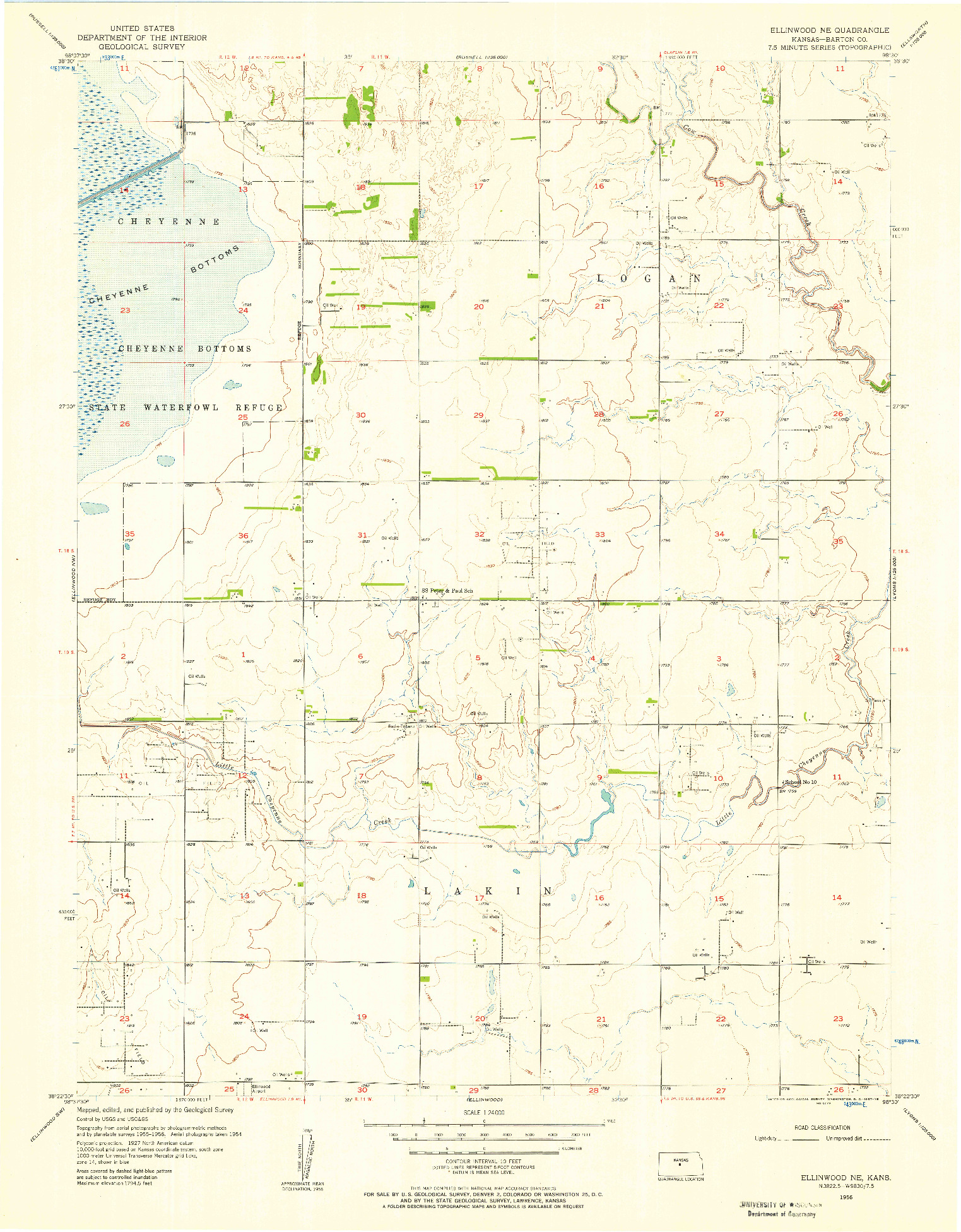 USGS 1:24000-SCALE QUADRANGLE FOR ELLINWOOD NE, KS 1956