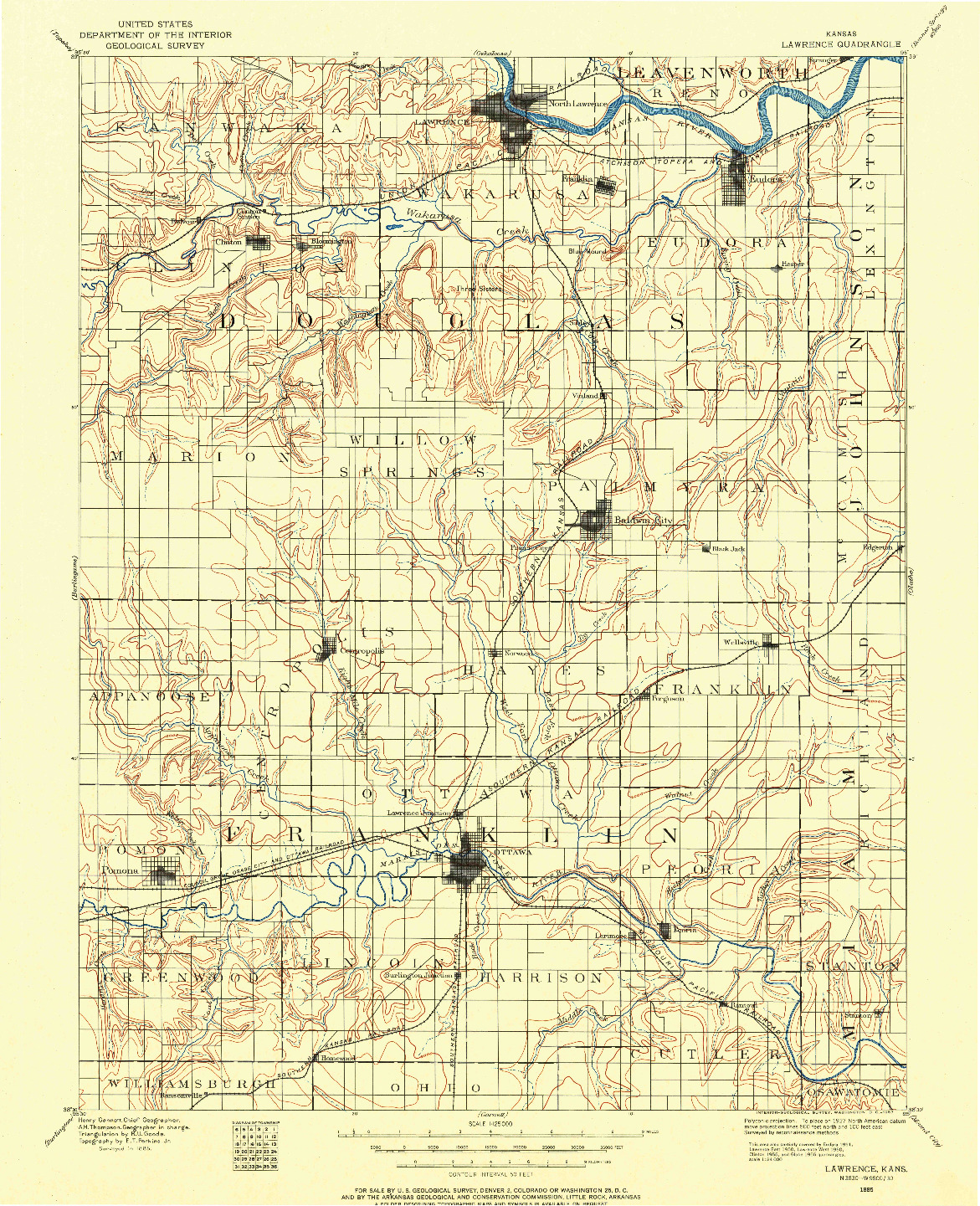 USGS 1:125000-SCALE QUADRANGLE FOR LAWRENCE, KS 1885