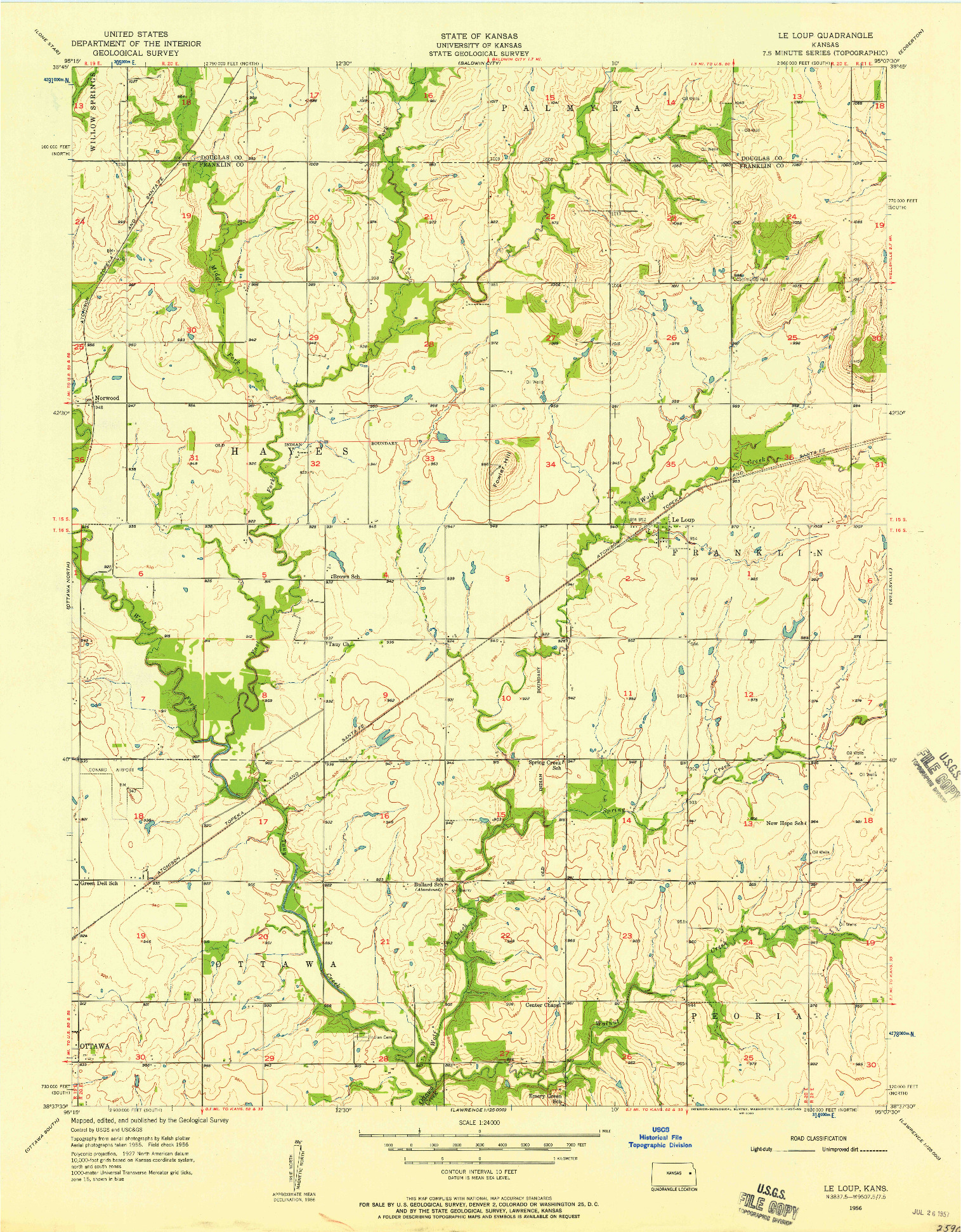 USGS 1:24000-SCALE QUADRANGLE FOR LE LOUP, KS 1956