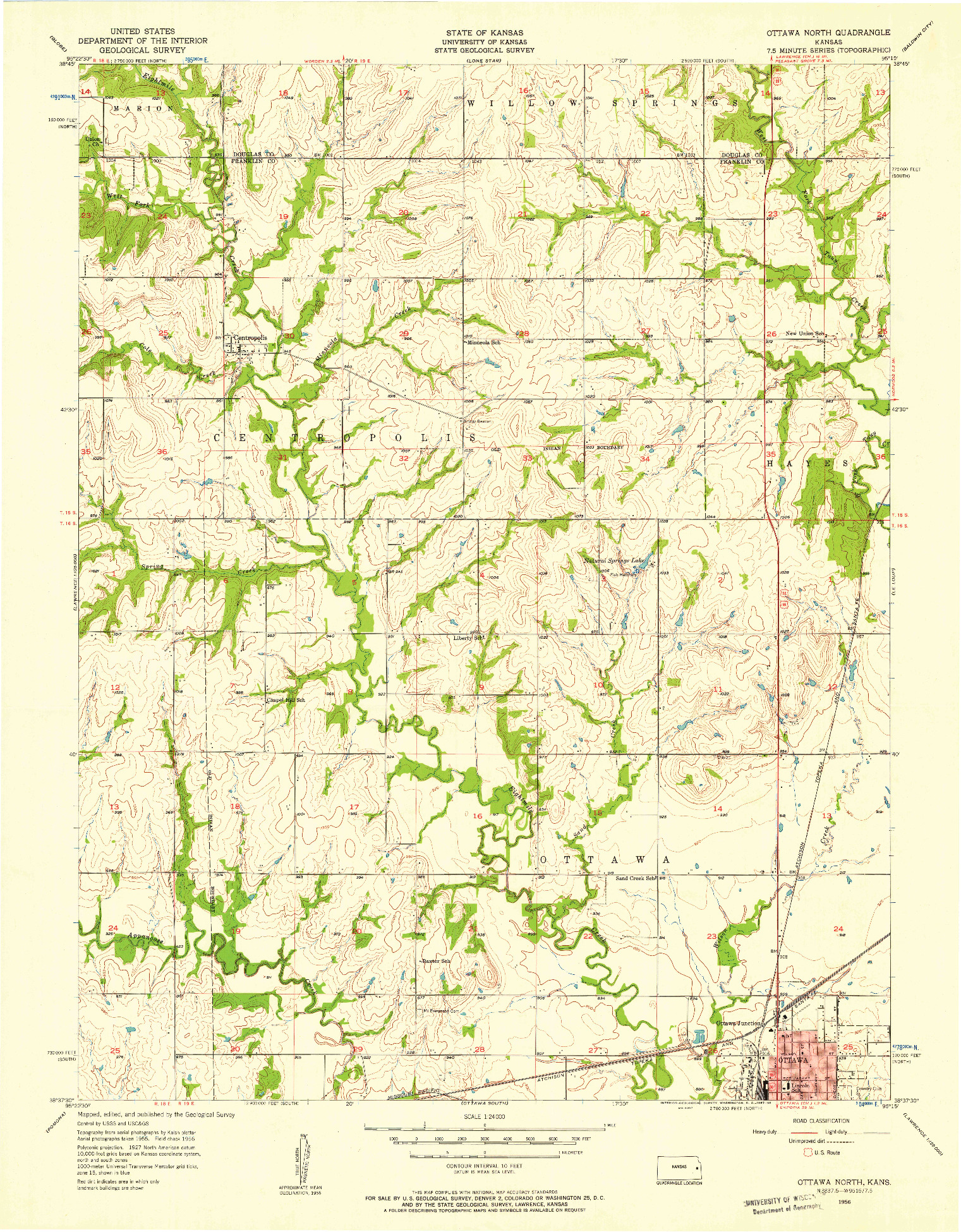 USGS 1:24000-SCALE QUADRANGLE FOR OTTAWA NORTH, KS 1956