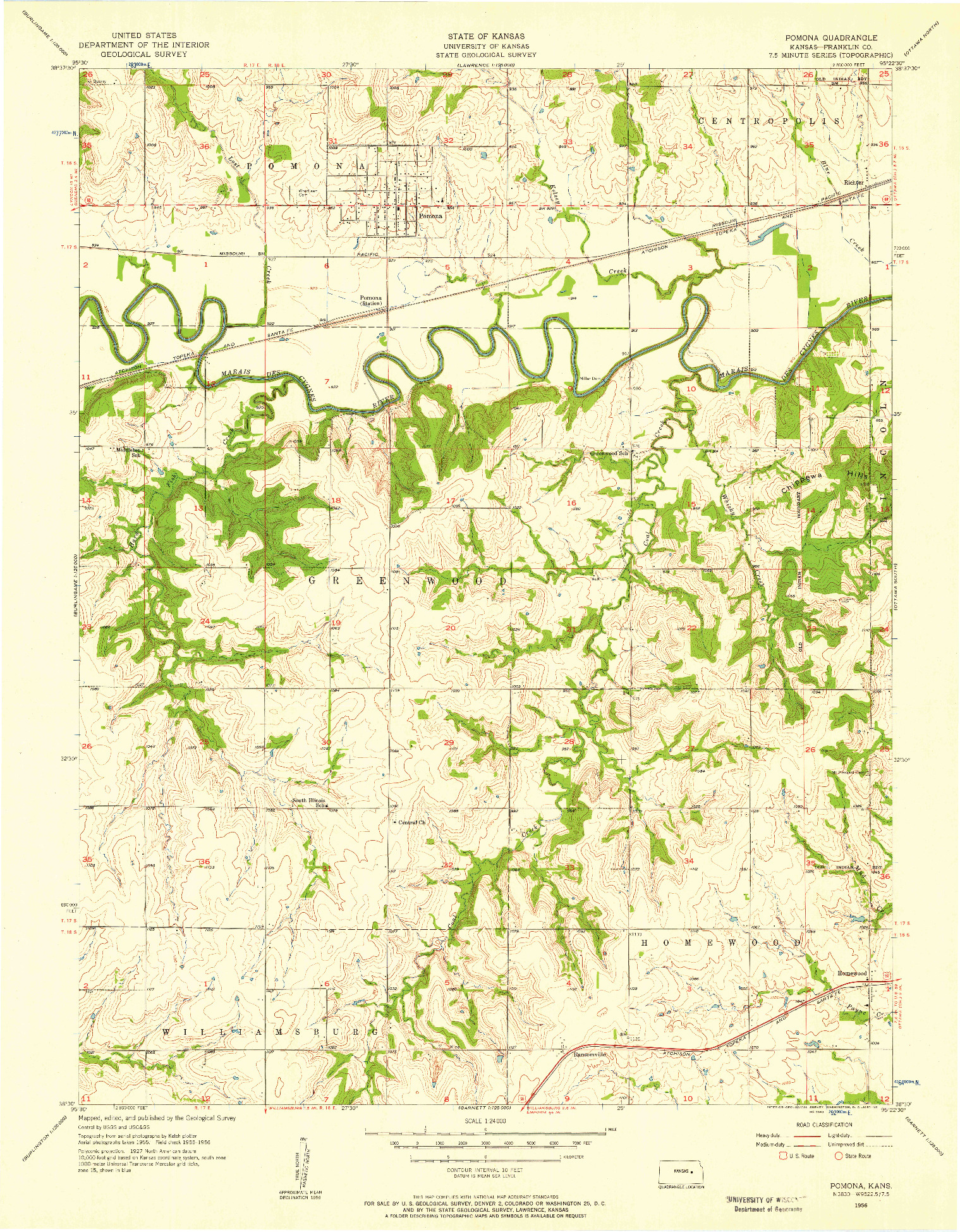 USGS 1:24000-SCALE QUADRANGLE FOR POMONA, KS 1956