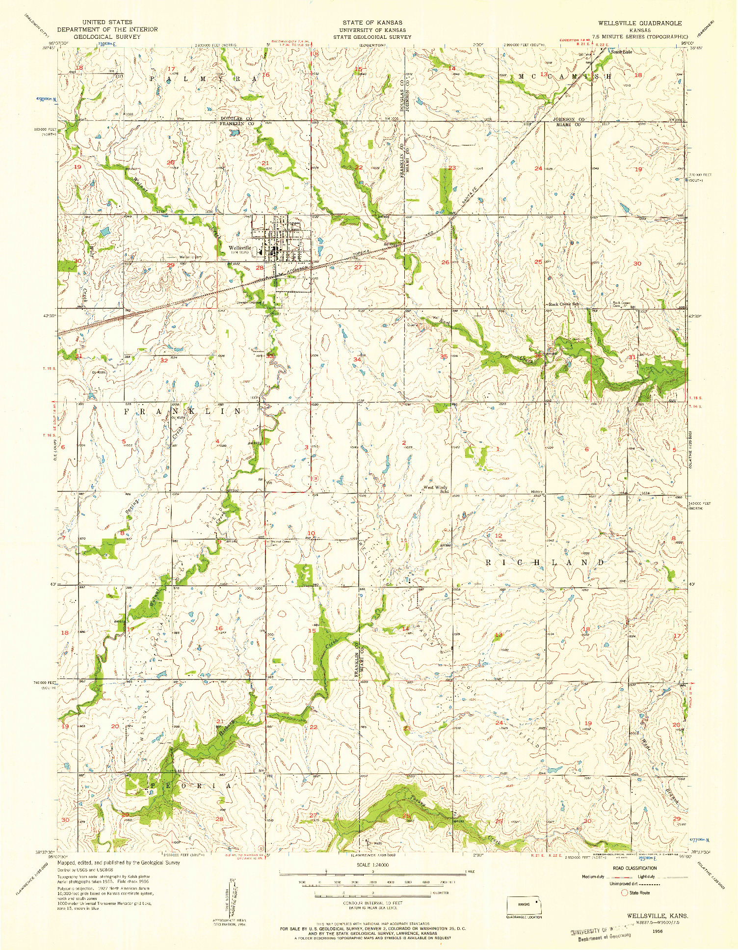 USGS 1:24000-SCALE QUADRANGLE FOR WELLSVILLE, KS 1956