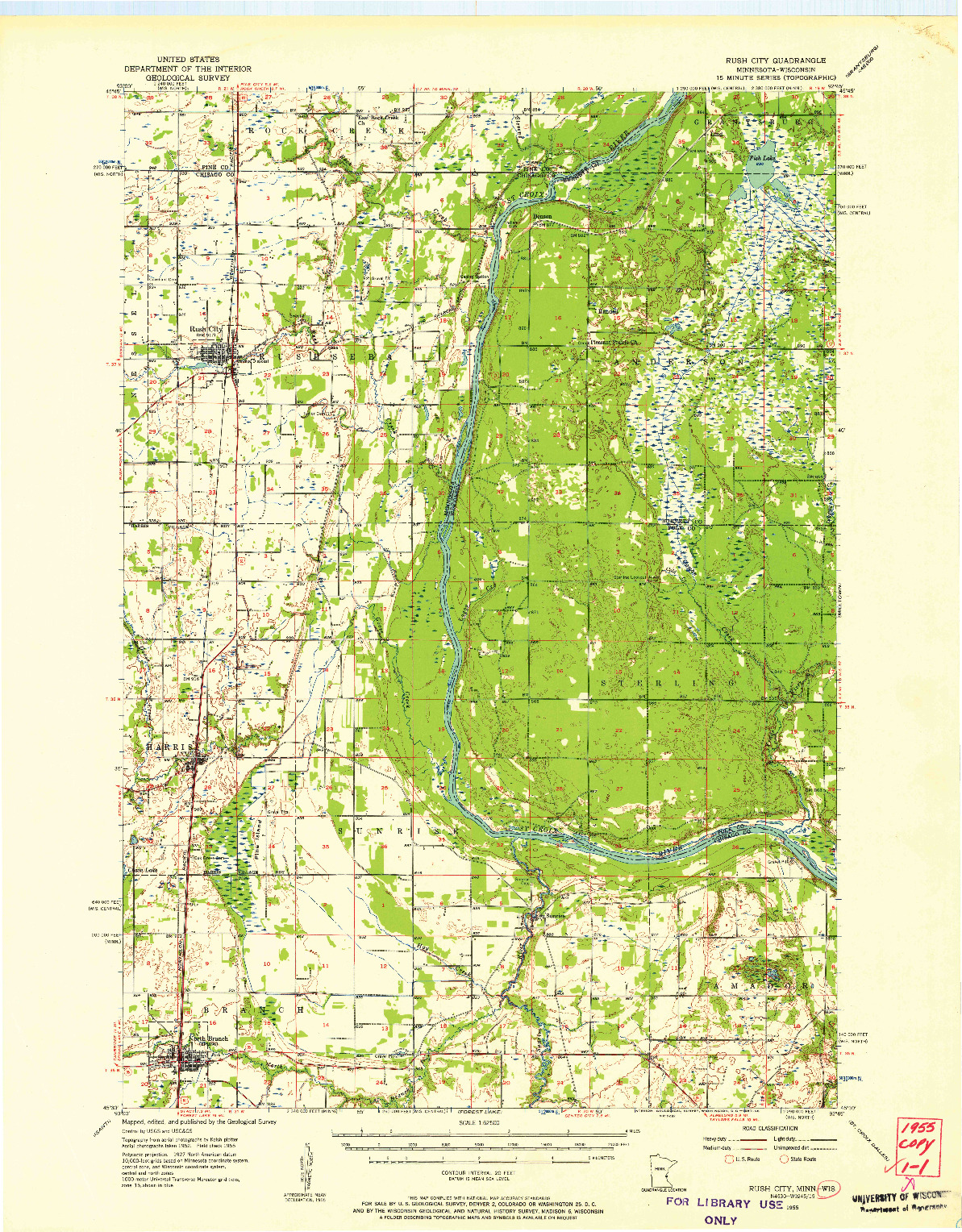 USGS 1:62500-SCALE QUADRANGLE FOR RUSH CITY, MN 1955