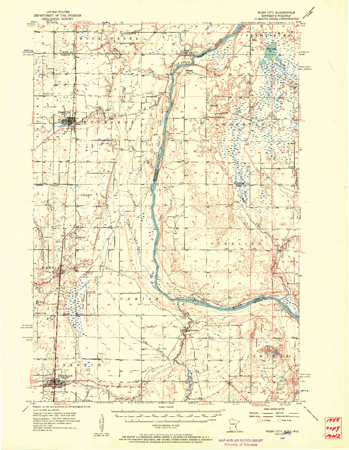 USGS 1:62500-SCALE QUADRANGLE FOR RUSH CITY, MN 1955