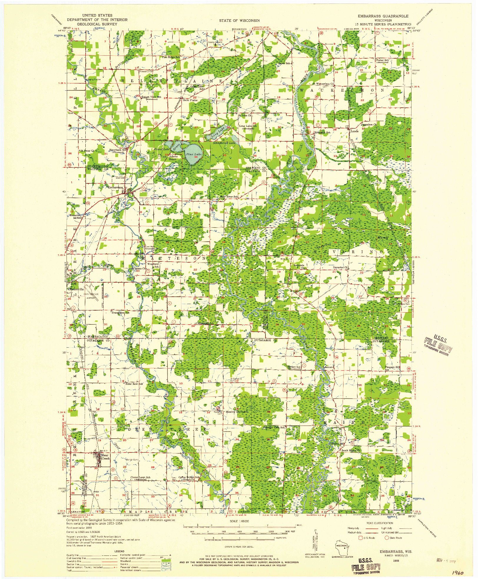 USGS 1:48000-SCALE QUADRANGLE FOR EMBARRASS, WI 1955